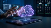 Businessman hand touching glowing cloud computing hologram above tablet in modern office with digital data analytics dashboard background for technology solutions.