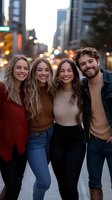 Group of four young diverse friends smiling together on city street at dusk with urban bokeh lights background for lifestyle and friendship concepts.