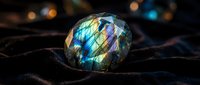 Iridescent labradorite gemstone with rainbow flash colors resting on dark fabric surface with bokeh lights background for jewelry and luxury concepts.