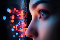 Close up profile of young woman's face illuminated by glowing digital display with red and blue bokeh lights creating futuristic technological atmosphere.