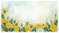Watercolor dandelion border with yellow blooms and fluffy seed heads on soft green background, copy space for text or greeting card design.