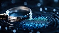 Magnifying glass examining glowing blue fingerprint pattern on dark reflective surface with bokeh lights, forensic science and security concept background.