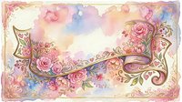 Vintage floral border with ornate scrollwork, pink roses, and watercolor blooms in soft pastels. Isolated design element ready for invitations, cards, and decorative projects.
