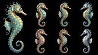 Ornate seahorse collection featuring eight decorative marine creatures with intricate patterns, jeweled details, and vibrant colors isolated on transparent background. Ready for clipart, t-shirt design, stickers, sublimation, and print-on-demand projects.