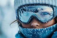 Close up view of blue ski goggles with snow crystals reflecting winter mountain landscape. Bright eye visible through protective eyewear during cold weather sports activity.