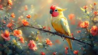 Yellow and red crested parrot perched on branch among blooming coral roses in soft dreamy light, artistic nature composition with bokeh effect and warm colors.