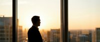 Silhouette of businessman looking out office window at sunset city skyline, contemplating future success and opportunities in corporate environment.