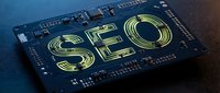 Blue circuit board with glowing yellow SEO text overlay for digital marketing and search engine optimization concepts in technology business.