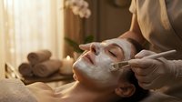 Professional spa facial treatment with white clay mask application by skilled therapist in luxury wellness center with warm ambient lighting and relaxation atmosphere.