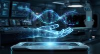 Futuristic holographic DNA double helix floating above digital tablet in modern laboratory setting with glowing blue light effects for biotechnology presentations.