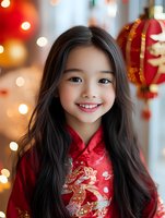 Young Asian girl wearing traditional red cheongsam dress with dragon embroidery smiles warmly against festive bokeh background with lantern decorations for Lunar New Year celebration.