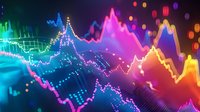 Vibrant financial chart lines glowing in neon colors against dark background, showing market data visualization with dynamic peaks and valleys in rainbow gradient spectrum.