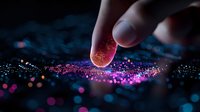 Finger touching glowing digital fingerprint scan with pink and blue light effects on dark background, futuristic biometric security technology concept.