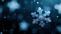 Macro photograph of natural snowflake crystal with intricate details and patterns against dark blue bokeh background with falling snow and glowing particles.