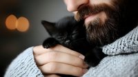 Bearded man in cozy sweater gently holding sleeping black kitten close to chest. Tender moment of pet care, bonding and companionship at home.