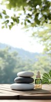 Balanced zen stones with essential oil dropper bottle on wooden surface against blurred natural background, creating peaceful spa atmosphere for wellness concept.