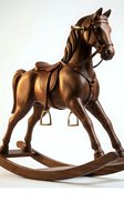 Handcrafted wooden rocking horse with leather saddle and bridle on white background. Classic children toy for nursery decoration and playtime activities.