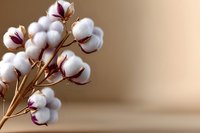 Cotton plant branch with fluffy white bolls and burgundy bracts against soft beige background, natural organic textile material macro photography.