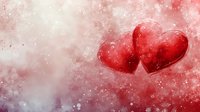 Two red hearts floating in dreamy pink and white bokeh background with sparkling light effects and soft romantic atmosphere. For Valentine's Day designs.