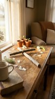 Cozy indoor gardening scene with seedlings in terracotta pots, gardening tools and flower petals on rustic wooden table by sunny window in warm living room.
