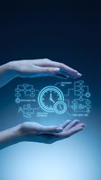 Two hands cradling glowing clock and workflow icons against blue background, representing time management, efficiency optimization, and productivity solutions for business processes.