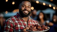 Cheerful African American man in plaid shirt holding plate of grilled barbecue wings at outdoor evening party with festive bokeh lights in background.
