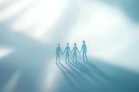 Silhouettes of people holding hands cast long shadows on blue background with dramatic lighting, symbolizing unity, teamwork and community support.