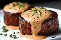 Grilled beef tenderloin medallions topped with creamy peppercorn sauce and fresh herbs on white plate, close-up view showing juicy meat texture and sauce drizzle.