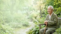Senior Asian man with white hair and glasses, wearing olive green jacket, sitting on wooden bench in lush garden pathway surrounded by green foliage and natural sunlight for retirement, wellness, and lifestyle concepts.