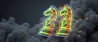 Glowing neon chess knight pieces with electric sparks against dark stormy clouds for gaming and strategy concepts.