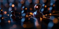 Futuristic network concept with glowing spherical nodes connected by light beams against dark background with bokeh effect.