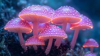 Glowing pink mushrooms with luminescent caps and white spots against dark background, creating magical forest atmosphere. Nature fantasy concept for artistic designs.
