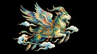 Ornate flying goat with wings and horns in colorful Asian art style, isolated on transparent background. Great for stickers, t-shirt design, and print on demand.