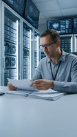Middle-aged Caucasian IT administrator reviewing documents in modern server room with multiple monitors displaying network data and system analytics.