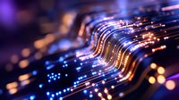 Abstract digital circuit board with glowing orange and blue light trails representing data flow and connectivity in modern technology networks.