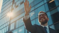 Cheerful Caucasian businessman in suit and glasses waving hand against modern glass office building on sunny day, expressing positive attitude and success.