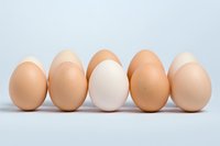 Fresh brown and white chicken eggs arranged in row on light background, minimalist food composition for healthy eating and cooking concepts.