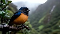 Small songbird with vibrant orange belly and iridescent blue-black plumage perched on branch against misty mountain backdrop, showcasing striking natural contrast.