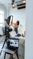 Female photographer adjusting studio lighting equipment for product photography session with professional camera setup and laptop displaying images.