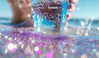 Sparkling glitter bokeh effect with blue and pink tones creates dreamy summer atmosphere, water droplets and light reflections in soft focus background.