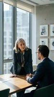 Mature female professional in dark blazer and male colleague in business suit having discussion at wooden table in modern office with city skyline view through large windows.