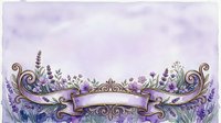 Ornate lavender floral border with decorative scrollwork and blank banner on soft purple watercolor background, suitable for invitations, cards, and design templates.