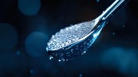 Clear water droplets on transparent spoon against dark blue bokeh background creating refreshing hydration concept for wellness and purity themes.