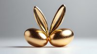 Minimalist golden eggs arranged to form bunny ears shape against neutral background, creating playful luxury Easter concept. Metallic finish adds elegant touch.