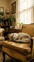 Fluffy gray cat sleeping curled up on a vintage velvet armchair in a cozy, sunlit classic living room with lace curtains.