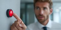 Businessman pressing red alarm button on wall in modern office building, security system concept for corporate emergency protocol.
