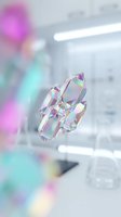 Floating iridescent crystal cluster with rainbow reflections and prismatic light effects in modern minimalist interior space for wellness and meditation concepts.