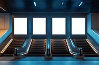 Modern escalators leading upward in subway station with illuminated blank advertising lightboxes mounted on dark blue wall, urban transportation interior.