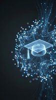Digital graduation cap with glowing network connections and particles on dark background for education technology and online learning concepts.