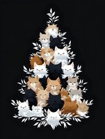 Adorable cat faces arranged in Christmas tree shape with white leaves, featuring various colored felines in brown, black, and white on dark background.